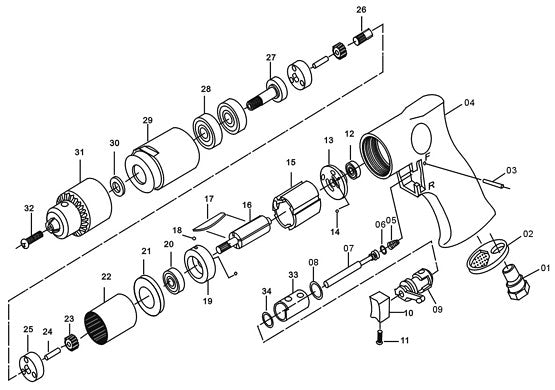 AIR DRILL 12.5mm REVERSABLE 550RPM (1/2")