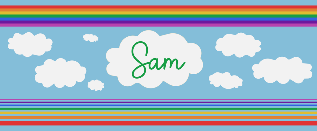 Haluna Happy Names 'In the Sky' personalised design banner image in 'Day' colour scheme shows a name in a central white large cloud surrounded by smaller fluffy clouds and flanked by bright rainbow strips above and below, against a blue sky background.
