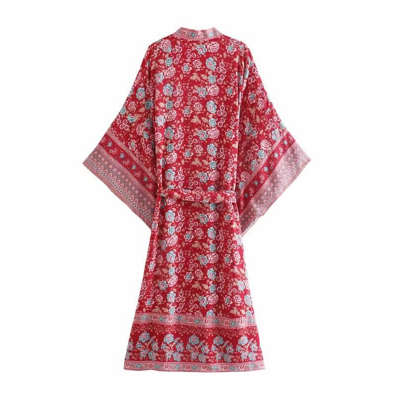 Casual Open Front Beach Floral Kimono Red