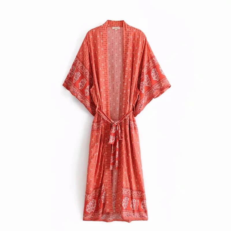 Kimono Sleeve Floral Prin Boho Long Blouse Kaftan