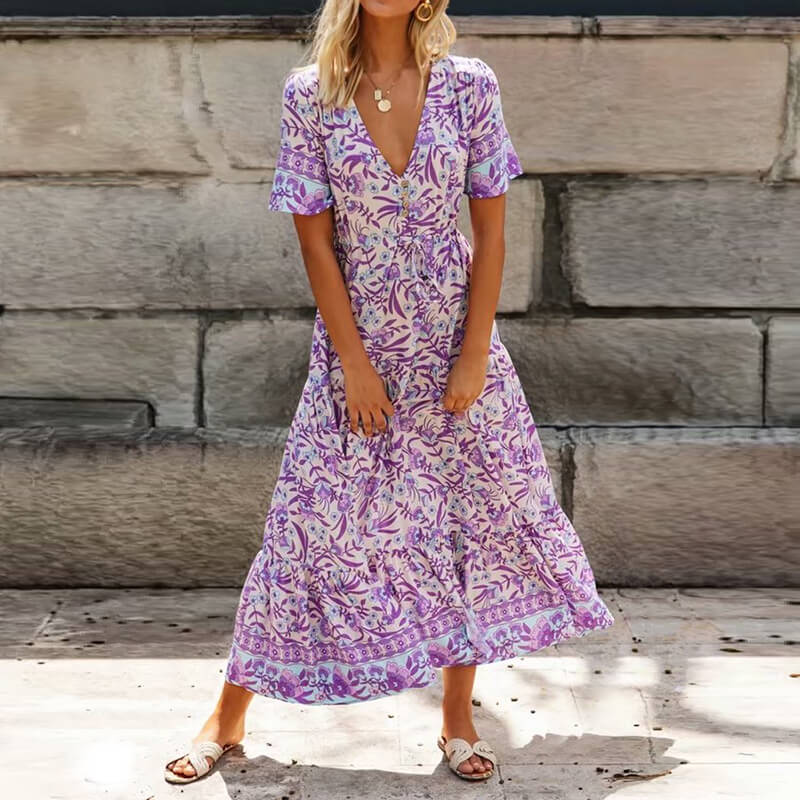 purple floral midi dress