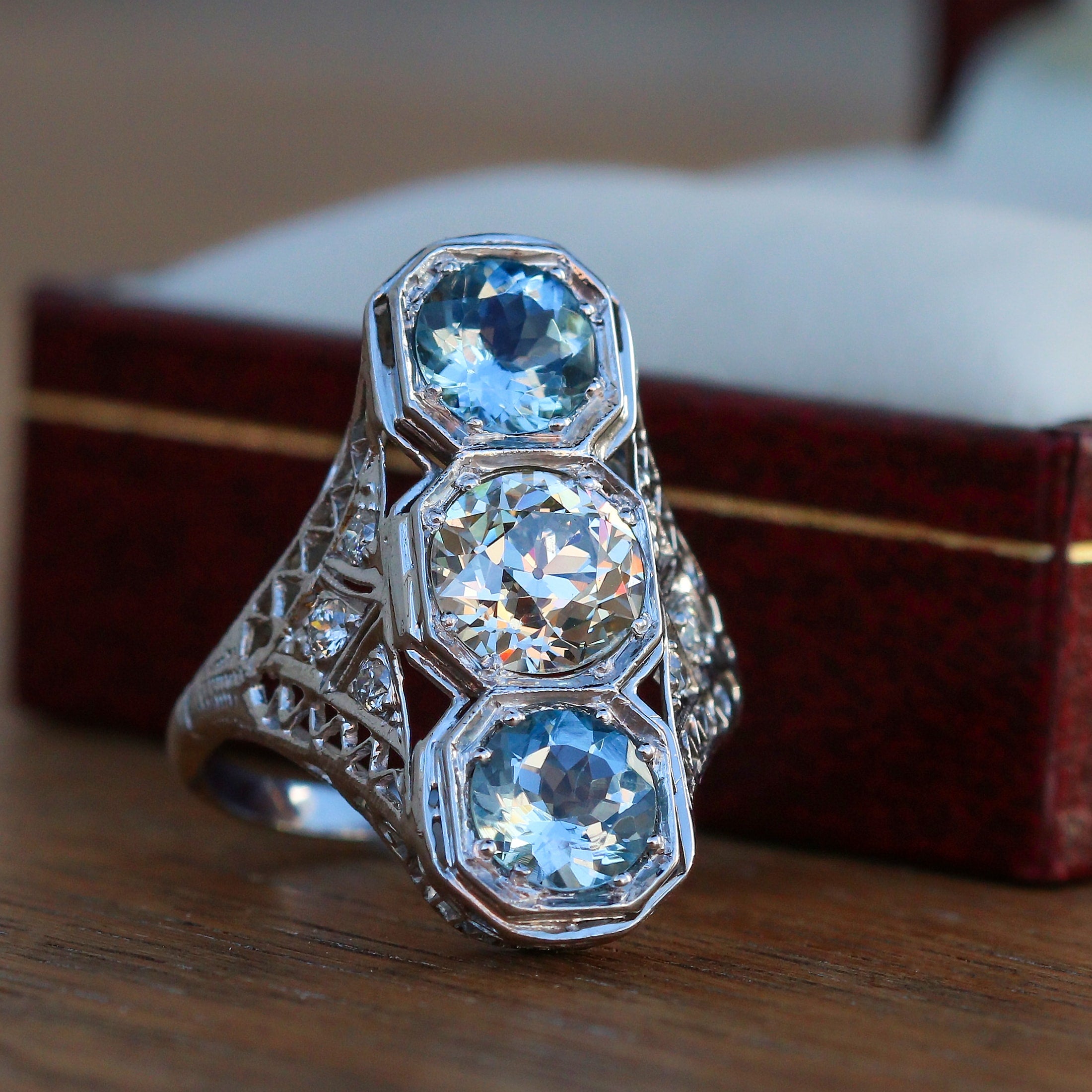 Art Deco aquamarine and diamond dinner ring