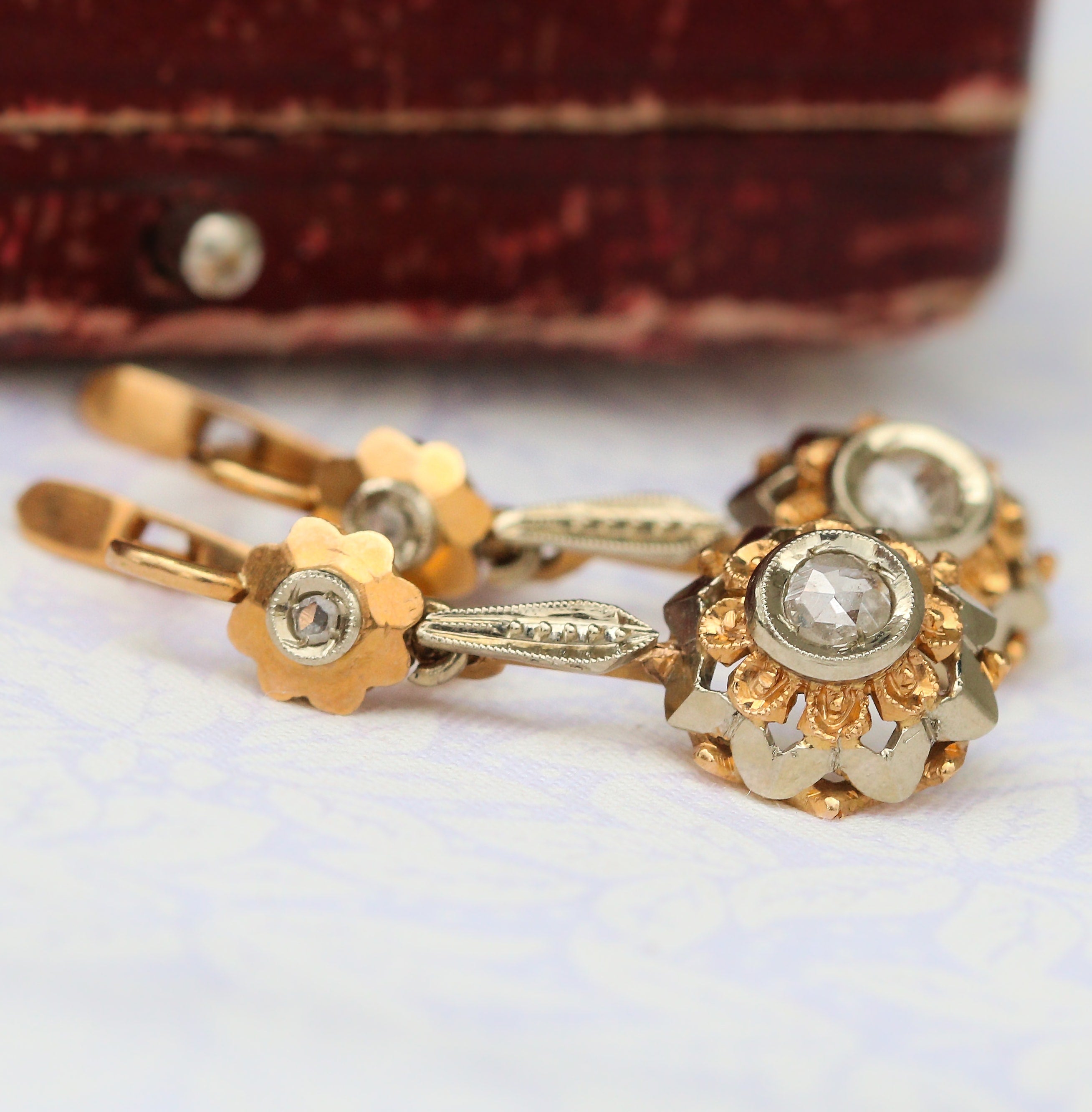 Victorian yellow gold and rose but diamond earrings