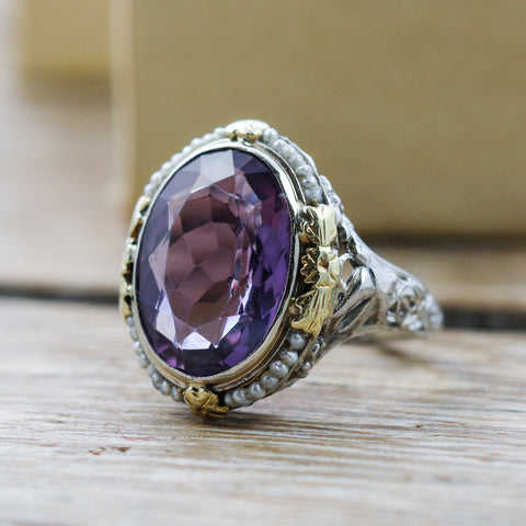 art deco amethyst and seed pearl ring