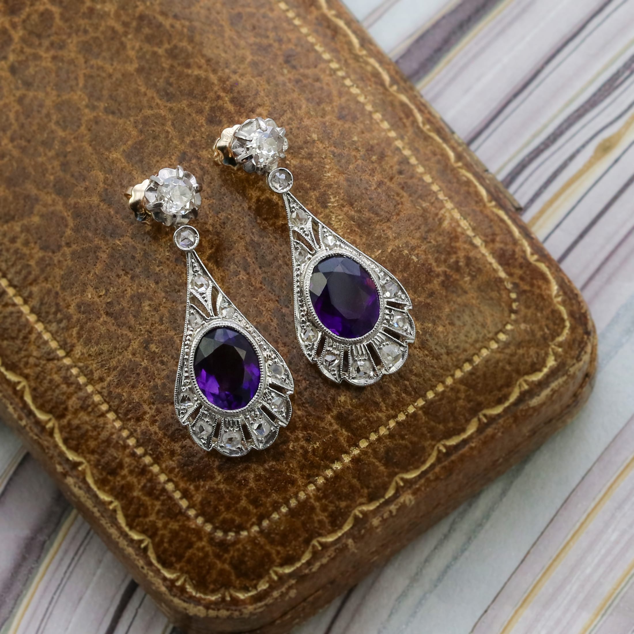 Edwardian diamond and amethyst drop earrings.