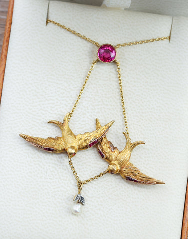 Victorian swallow ruby and pearl necklace