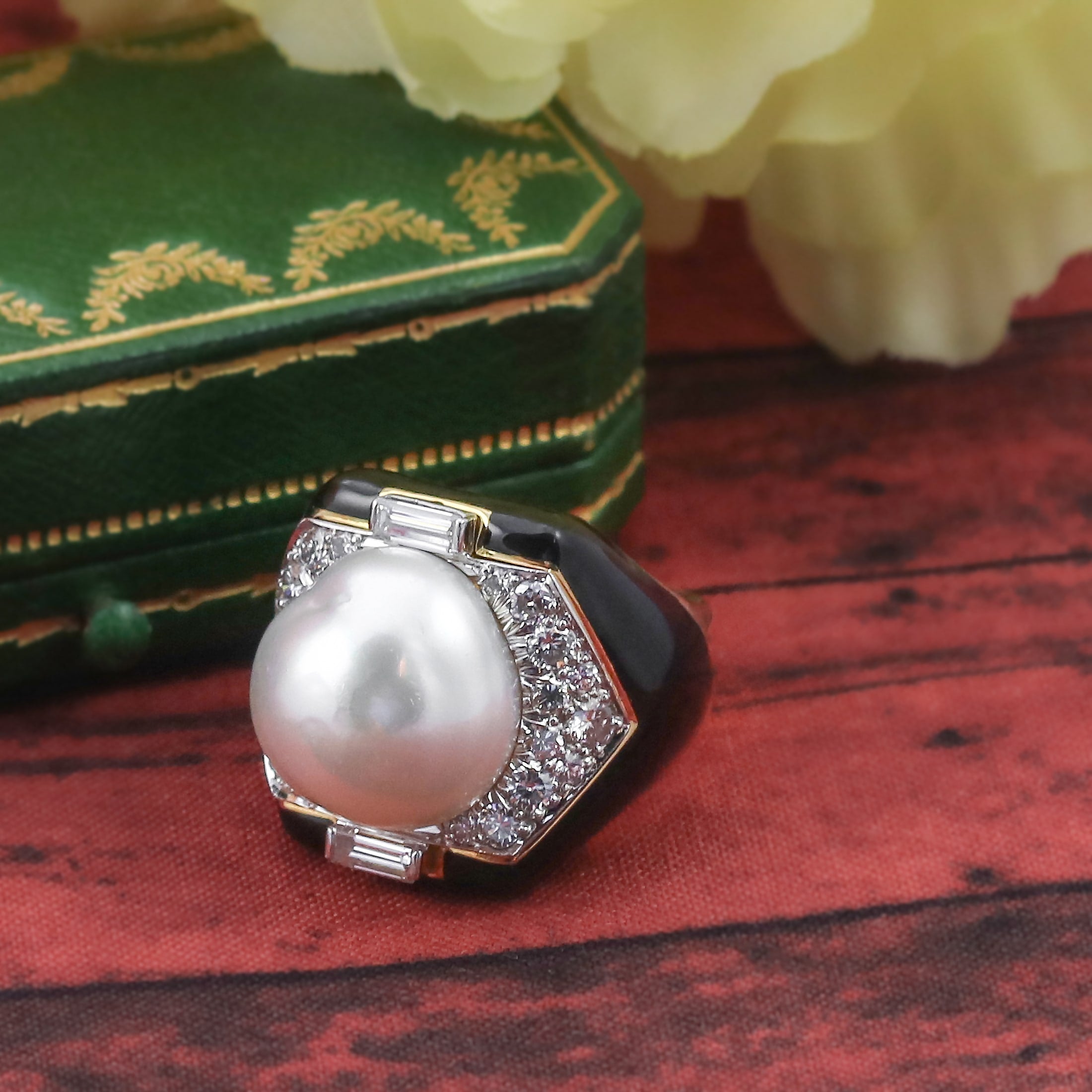 David Webb pearl onyx and diamond ring.