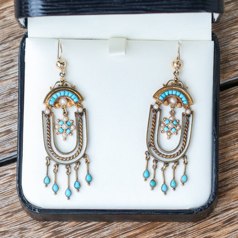 victorian turquoise and seed pearl chandelier style earrings