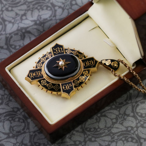 victorian mourning necklace with black enamel and seed pearl accents