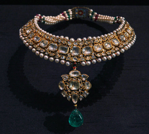 antique Indian made necklace with mirror cut diamonds, pearls and an emerald drop
