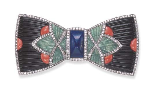 Art Deco onyx, coral, jade, and lapis and diamond devant de corsage