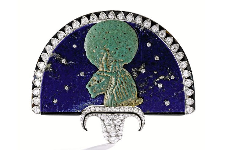 Egyptian Revival brooch, lapis lazuli, diamonds, enamel, platinum, gold