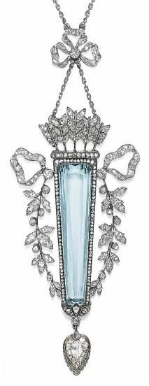 Platinum, diamond and aquamarine necklace