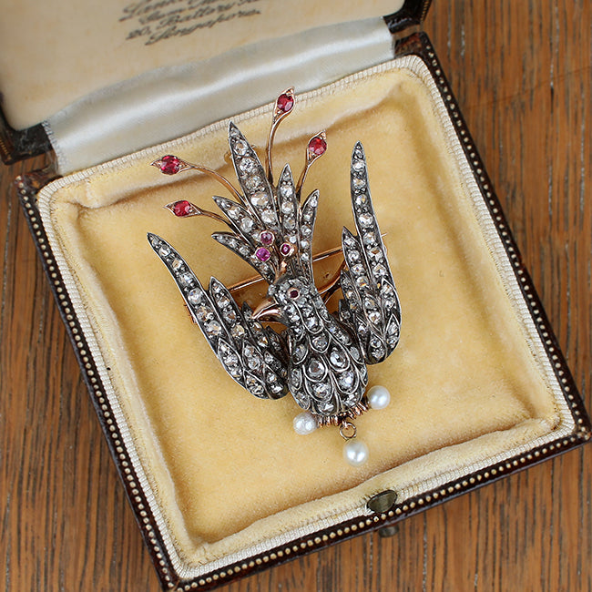 Georgian diamond and ruby bird brooch