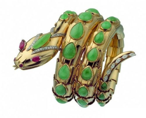 SBulgari yellow gold, emerald, ruby and diamond snake motif