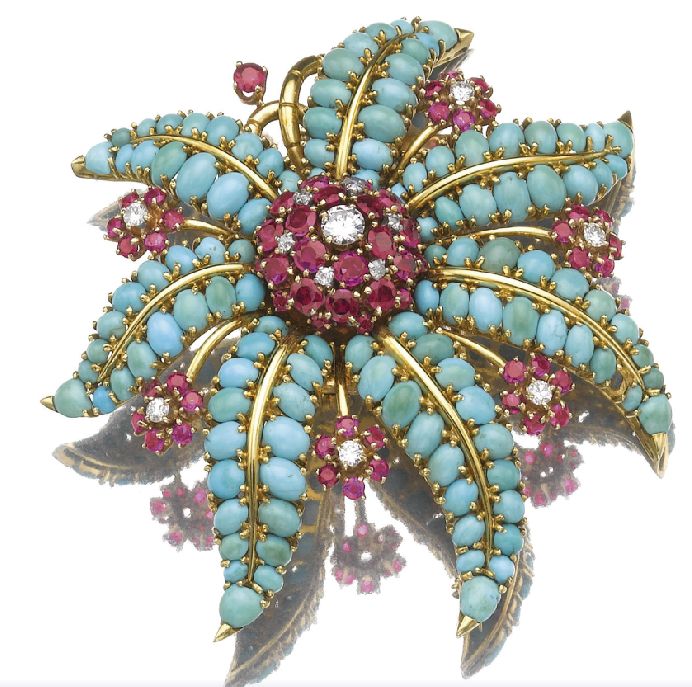 A turquoise, ruby and diamond sea star brooch