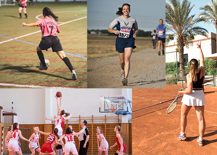 Women and girls playing tennis, soccer, basketball and running marathon