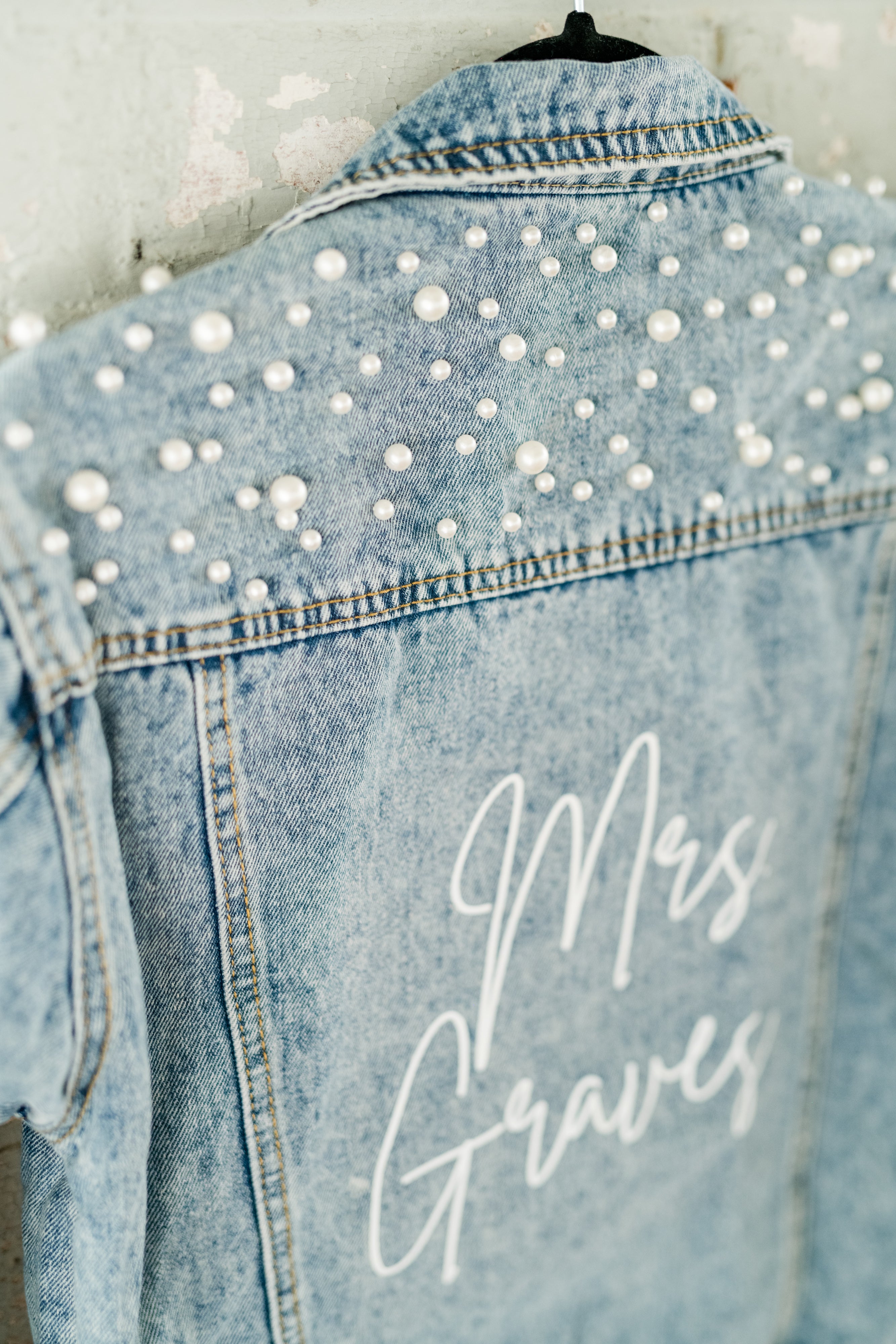 pearl denim jacket with name for wedding