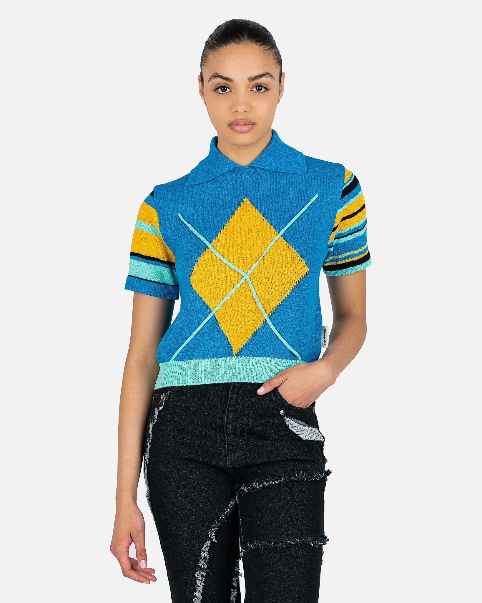 Argyle Stripe Polo Knit Top in Blue