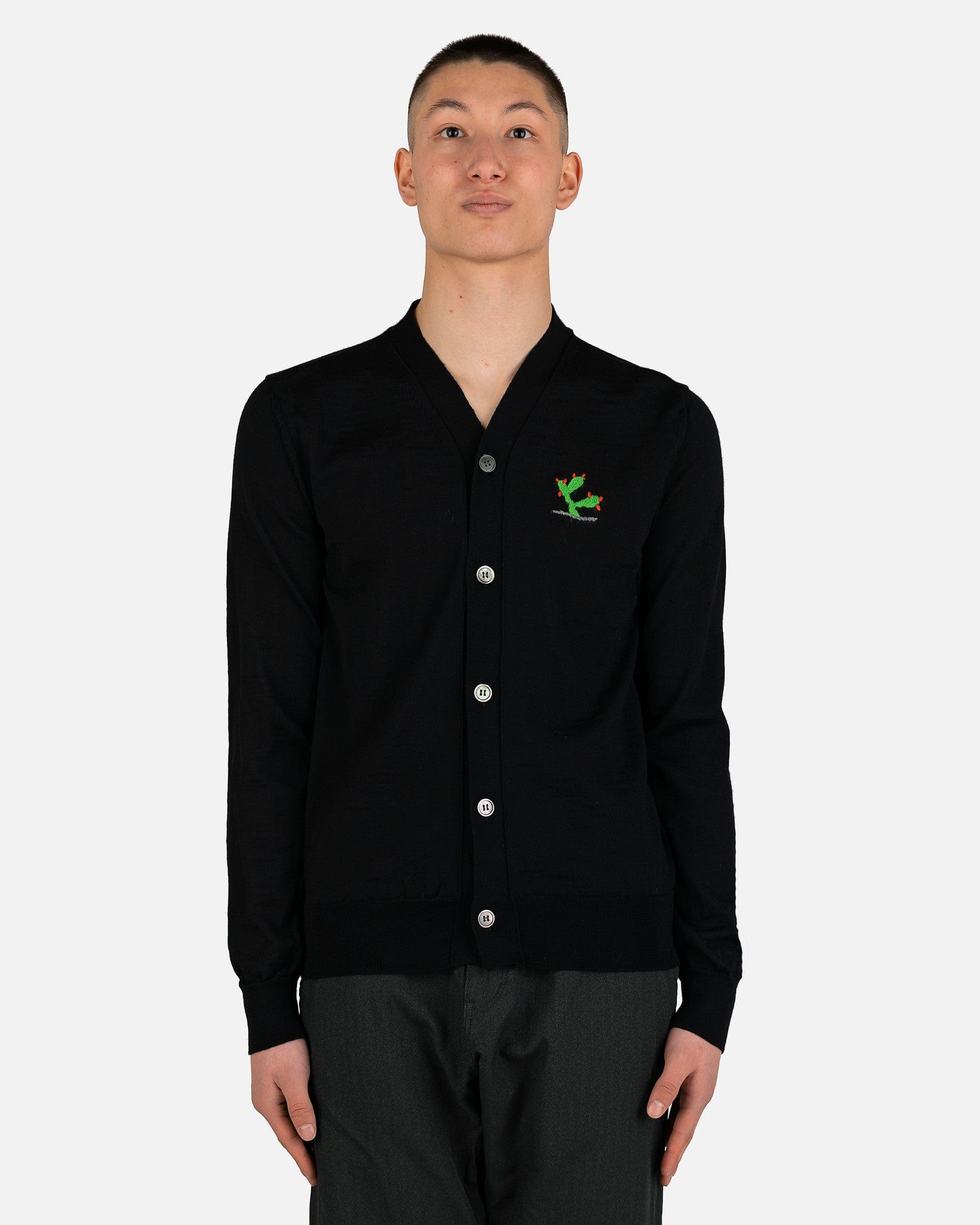 Cactus Embroidered Wool Cardigan in Black