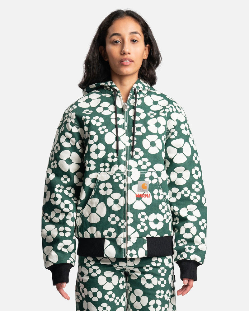 Carhartt WIP Flower Print Cotton Canvas Hooded Jacket in Forest Green