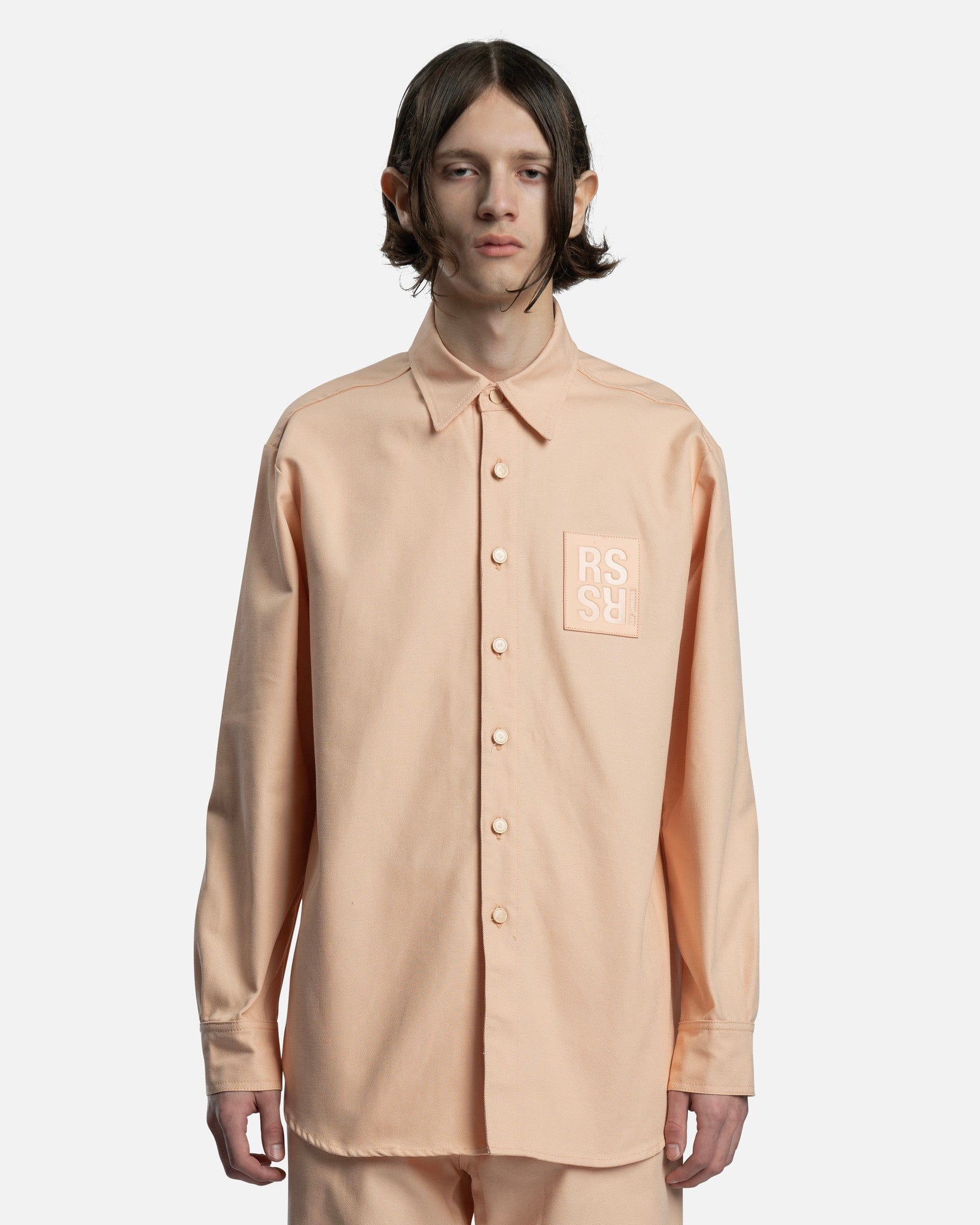Leather Patch Straight Fit Denim Shirt in Salmon