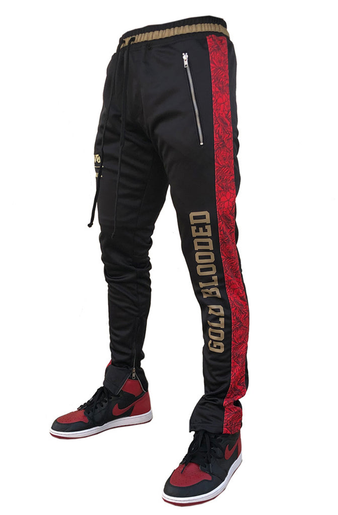 red black and gold mens outfit