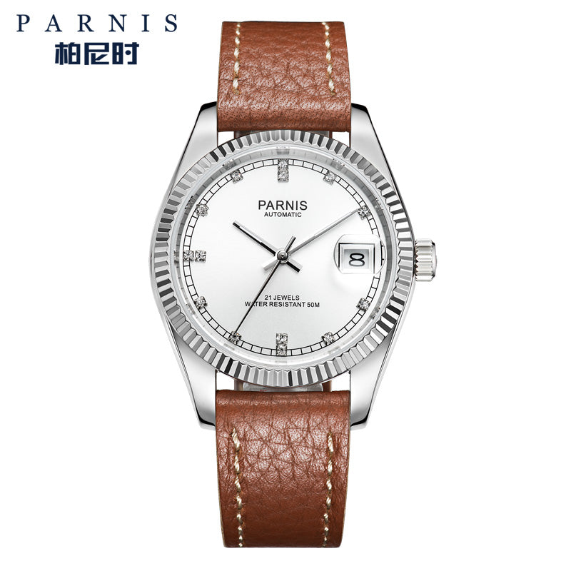 Parnis Pa2112 35mm Mens Automatic Leather Watch With Date Iluwatch Com