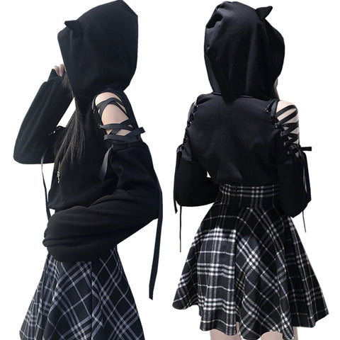 cat ears lace up short hoodie black