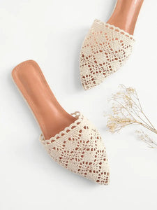 Mules plates en crochet avec lacet - Abricot - Bout pointe - Casual - Mélange coton