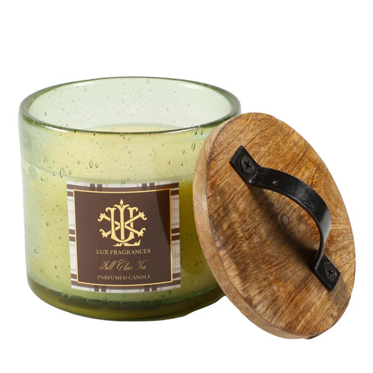 FALL CHAI TEA IN GREEN GLASS WITH LID CANDLE