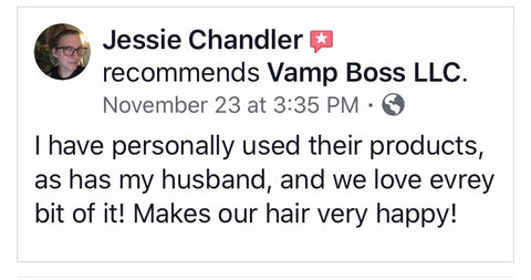 A husband and wife who are clients provide their testimonial on facebook that Vamp Boss hair products make their hair happy and healthy.