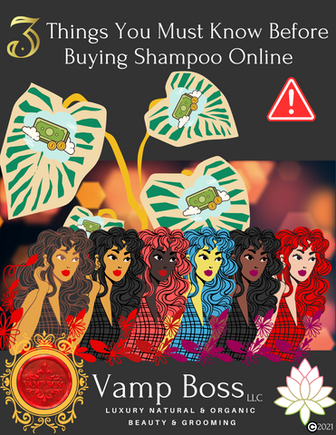 Title: 3 Things You Must Know Before Buying Shampoo Online. 5 women of varhying shades from deep bronze, mocha, sunkist, to ivory all stand shoulder to shoulder with long flowing hair. A money tree grows behind them. A red seal that reads: Vamp Boss is at the bottom along with a white lotus flower. 