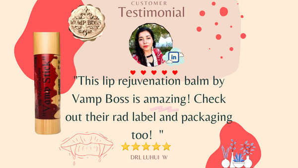 Customer Testimonial! This lip rejuvenation balm by Vamp Boss is Amazing! Check out their rad label and packaging too! An indigenous woman with a PHD is pictured with long dark hair. To the right is a luxury lip balm packaged in eco friendly bamboo casing. 