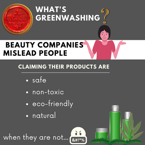 Text reads: What's Greenwashing? Beauty companies mislead people claiming their products are: Safe, non-toxic, eco-friendly, and natural...when they are not. A picture of a woman looking confused with a question mark above her head is at the top. The Vamp Boss Wax seal is in the top left corner.