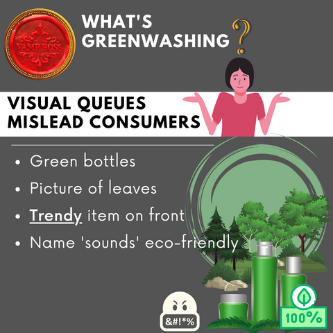 Title reads: What's Greenwashing? Visual queues mislead consumers. These queues can include: Green bottles, pictures of leaves, Trendy item on the front, the name 'sounds' eco-friendly. 
