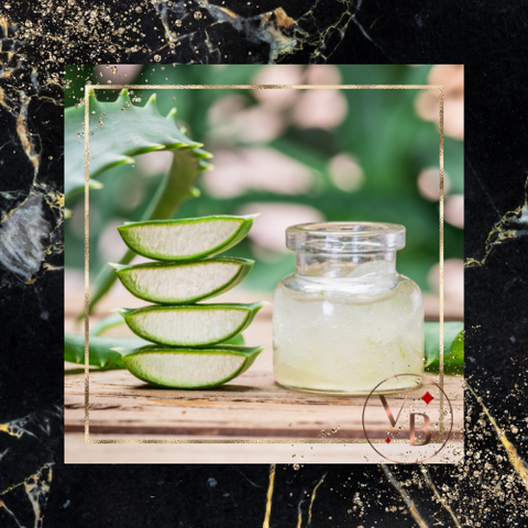 Fresh Cut aloe vera leaves showing the healthy gel it houses inside. Next to it is a bottle of aloe vera gel with the Vamp Boss symbol on it. This gel is perfect for spring and summer style with soft flexible hold on all hair types.