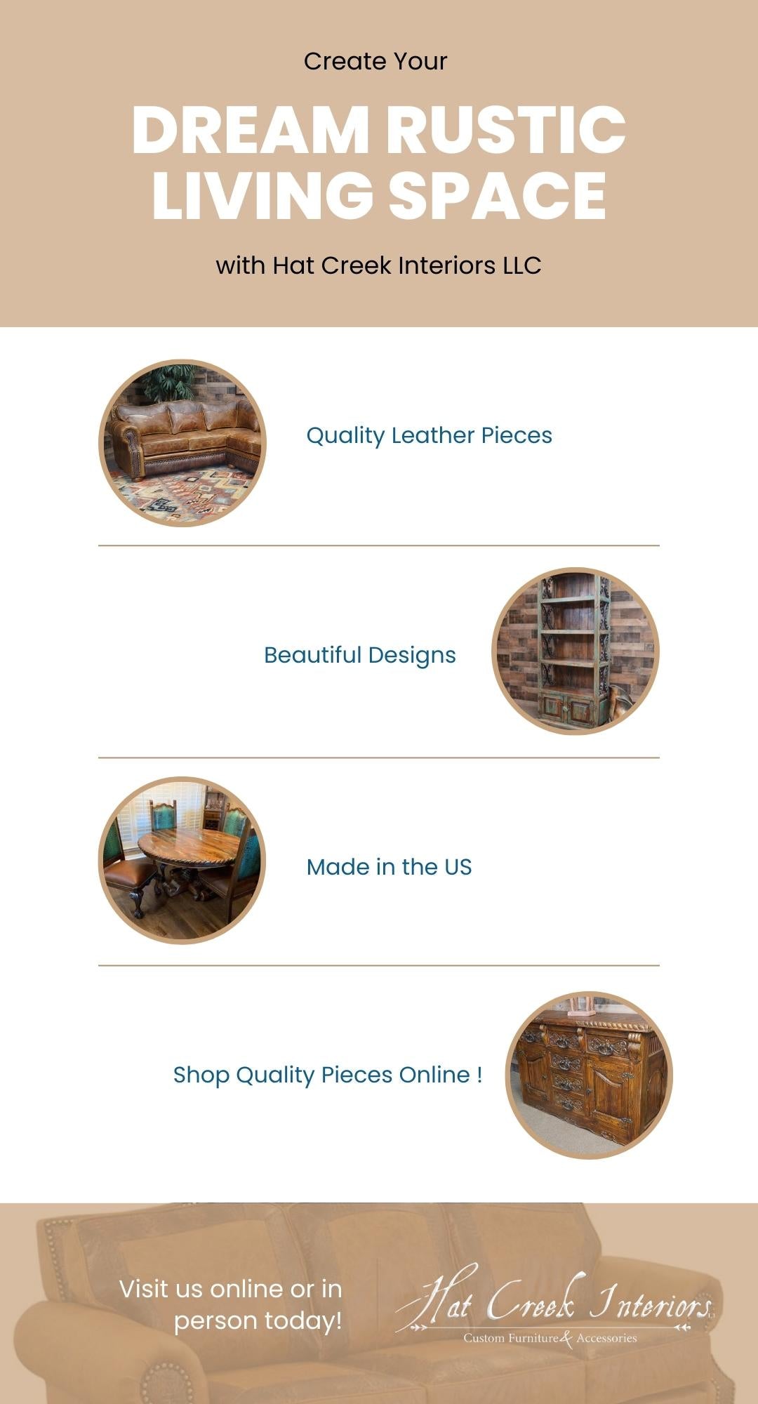 Create Your Dream Rustic Living Space with Hat Creek Interiors Infographic