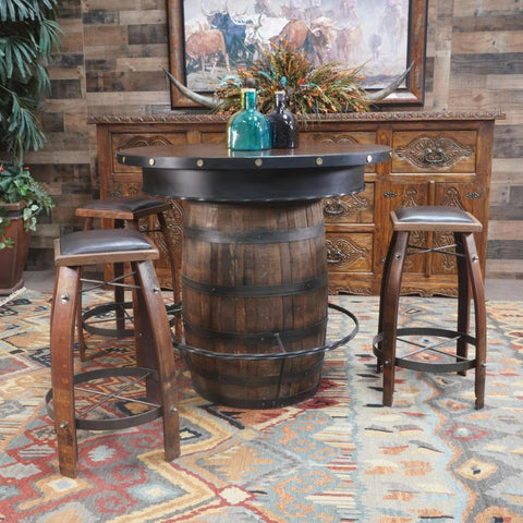 Barrel table and barstools