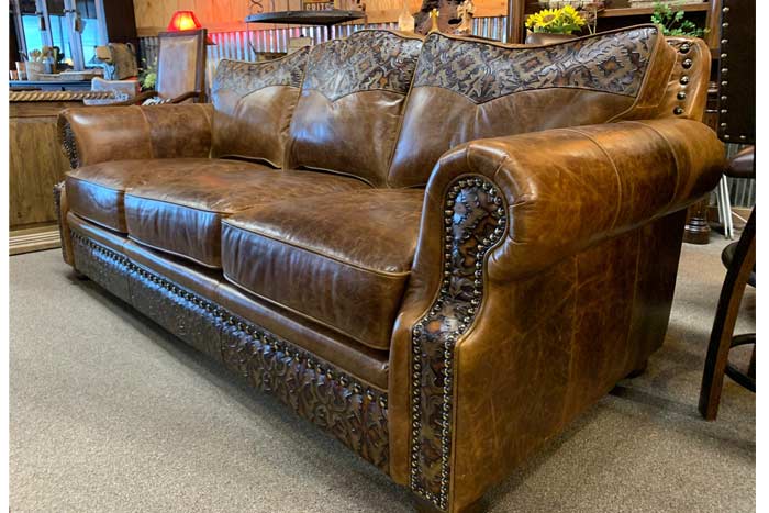 tooled arm leather sofa
