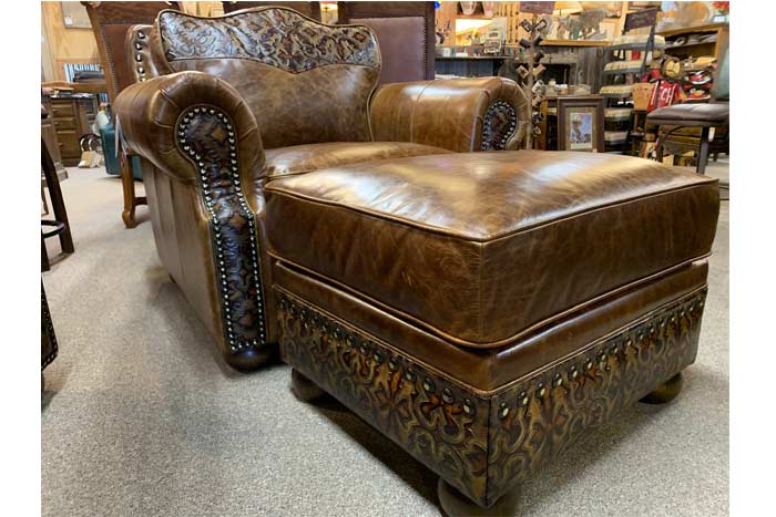 Rustic Bosque Leather Chair | Western Tooled Leather Chair and Ottoman