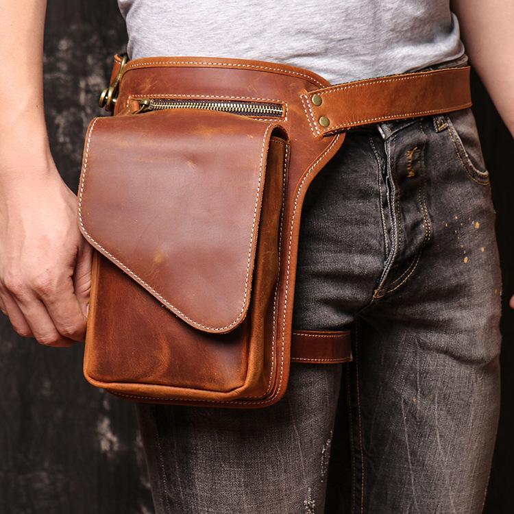 Brown MENS LEATHER FANNY PACK FOR MEN Coffee Drop Leg Bag BUMBAG WAIST ...