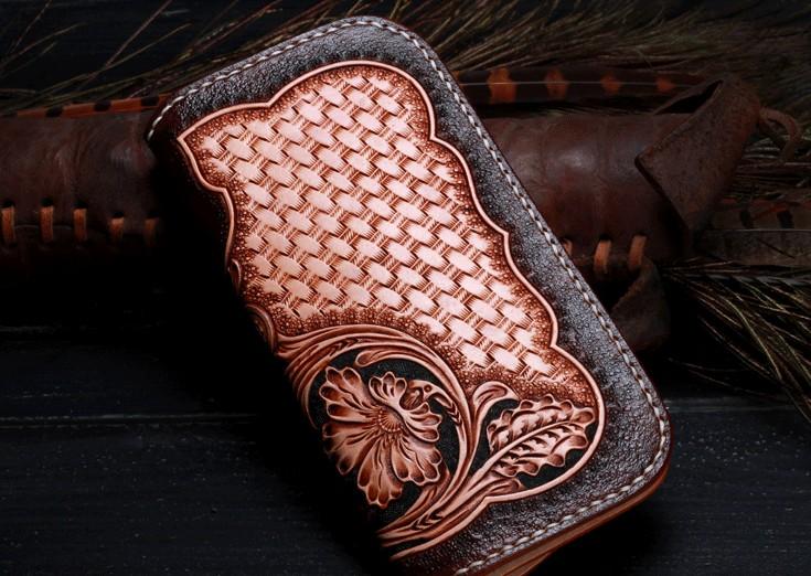 Handmade Leather Mens Tooled Floral Clutch Wallet Cool Wallet Long Wal ...