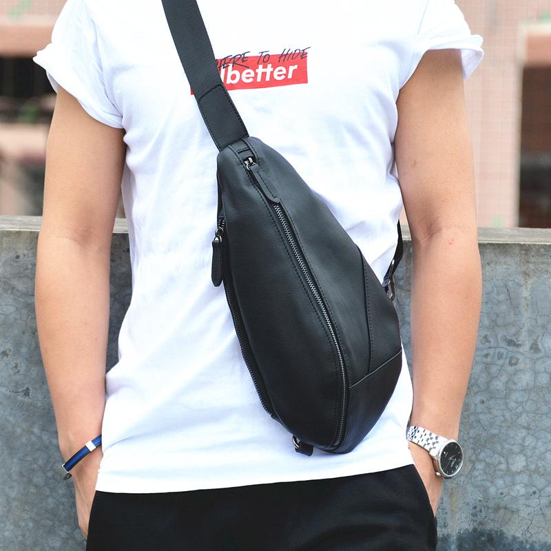 Cool Black Mens Leather One Shoulder Backpack Chest Bag Sling Bag Slin ...