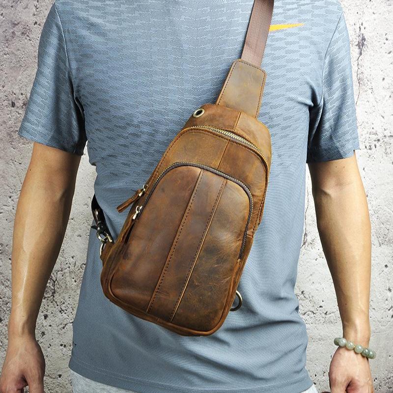 Cool Brown Mens Leather One Shoulder Backpack Chest Bag Sling Bags For ...