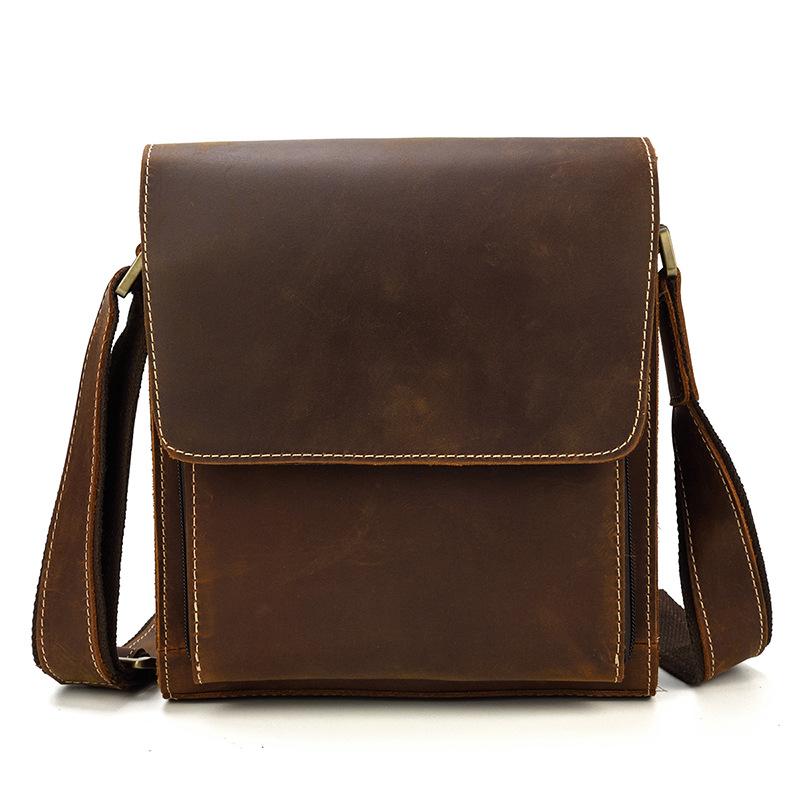 Vintage Brown Leather Men's Small Side Bag Vertical Messenger Bag Tabl ...