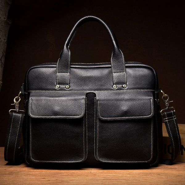 Black Leather Mens 13 inches Vertical Briefcase Laptop Shoulder Bag Co ...
