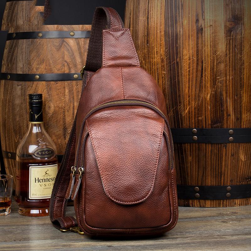 Casual Leather Brown Mens Sling Pack Sling Bags Chest Bag One Shoulder ...