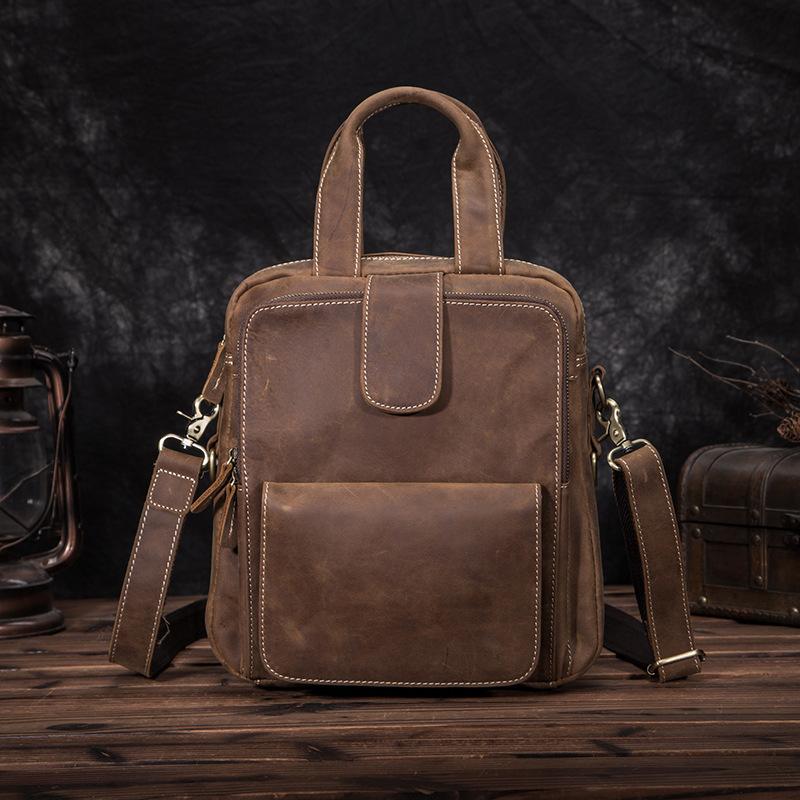Leather Mens Vertical Work Bag Handbag Brown Vertical Small Briefcase ...