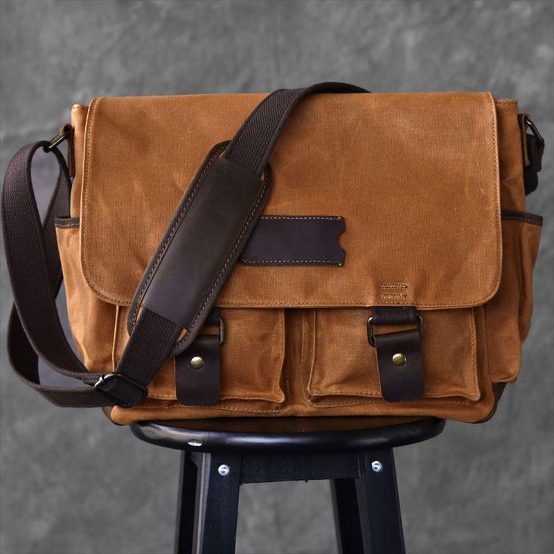 Canvas Leather Mens Large Khaki Side Bag 14'' Brown Messenger Bag Shou ...